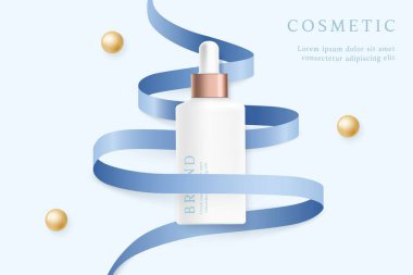 Kozmetik ürün reklamları beyaz zemin üzerinde mavi kurdeleli şablon.