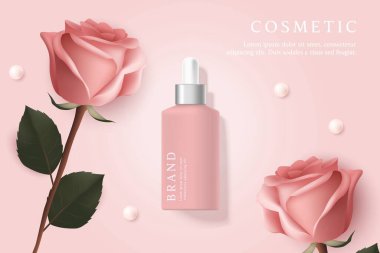 Kozmetik ürün reklamları pembe arka planda gül ve incili..