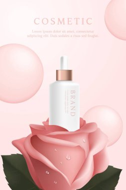 Kozmetik ürün reklamları pembe arka planda gül ve baloncuklu şablon.
