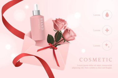 Kozmetik ürün reklamları pembe arka planda gül ve harf ile.