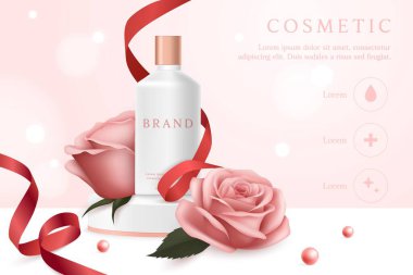 Kozmetik ürün reklamları pembe arka planda gül ve incili..