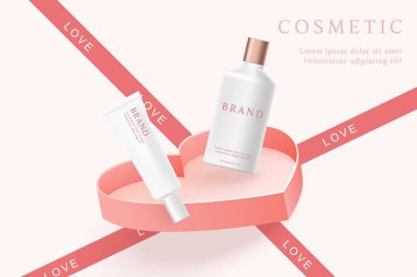 Kozmetik ürün reklamları pembe arka planda, kalp şeklinde hediye kutusu ve kurdeleli..