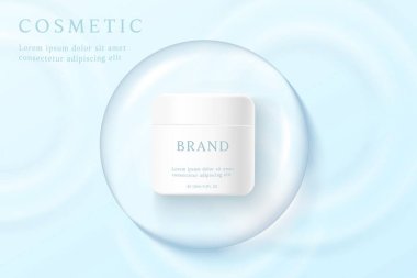 Mavi su arka planında su damlası ile birlikte kozmetik ürün reklamları.