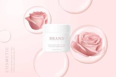Kozmetik ürün reklamları pembe arka planda gül ve baloncuklu şablon.