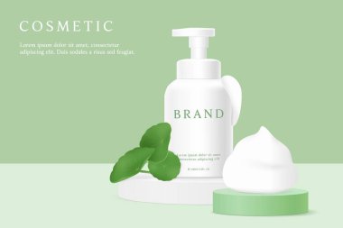 Yeşil zemin üzerinde köpük ve Centella Asiatica ile kozmetik ürün reklamları şablonu.