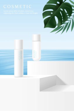 Kozmetik ürünleri, okyanus arka planında merdiven ve yapraklarla şablon oluşturur..