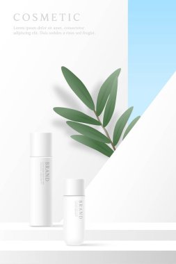 Beyaz arkaplanda yapraklı kozmetik ürün reklamları şablonu.