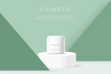 Kozmetik ürünleri ve cilt bakımı reklamları yeşil geometrik arka plan üzerine şablon.