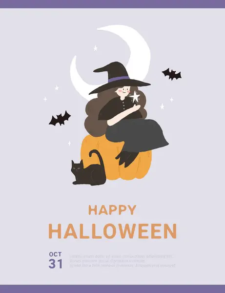 Cadılar Bayramı 'nda cadı ve kara kedili illüstrasyon posteri çizdim..