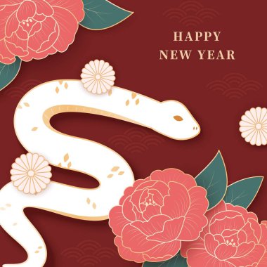 Chinese new year illustration template with snake and peony.  clipart