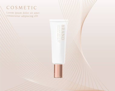 Kozmetik ürün reklam şablonu altın renkli dalga arkaplanı üzerine.