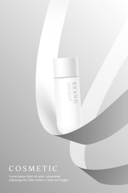 Beyaz arkaplanda kurdeleli kozmetik ürün reklamları şablonu.