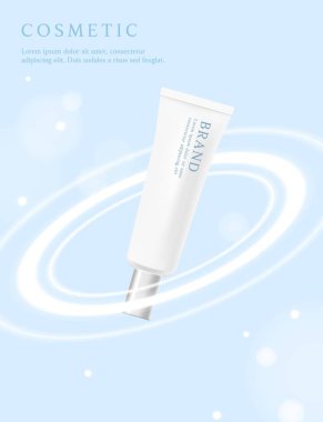 Kozmetik ürün reklam şablonu mavi parlak arkaplan üzerinde ışık halkası ile.