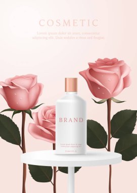 Kozmetik ürün reklamları pembe arkaplan üzerinde gül ile şablon.