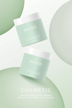Kozmetik ürün reklamları baloncuklu yeşil arkaplan üzerine şablon.