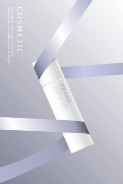 Kozmetik ürün reklam şablonu kurdeleli gradyan arkaplan üzerinde.