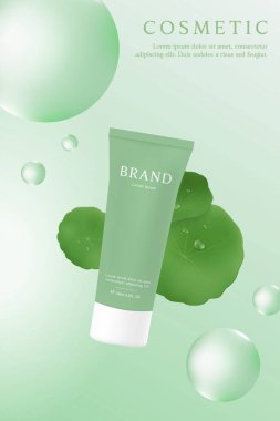 Kabarcık ve Centella Asiatica ile yeşil zemin üzerinde kozmetik ürün reklamları şablonu.