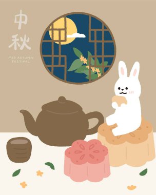 Elle çizilmiş sonbahar festivali şablonu ay pastası ve çaydanlıkla.