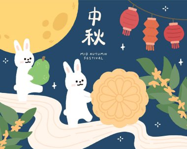 elle çizilmiş sonbahar festivali şablonu ay pastası, pomelo ve dolunay ile arka plan.