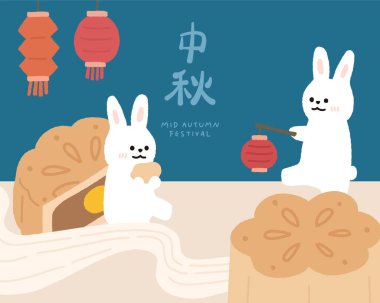 El çizimi sonbahar festivali şablonu fener ve ay pastası ile arka plan.