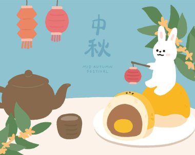 El çizimi sonbahar festivali şablonu fener ve ay pastası ile arka plan.