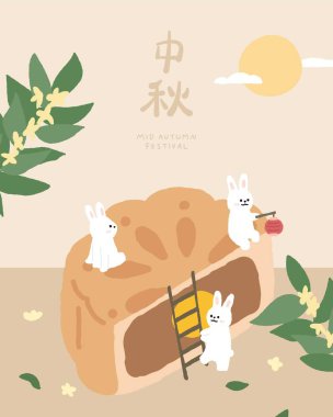 Elle çizilmiş sonbahar festivali şablonu ay pastası ve tavşanlarla dolu. 