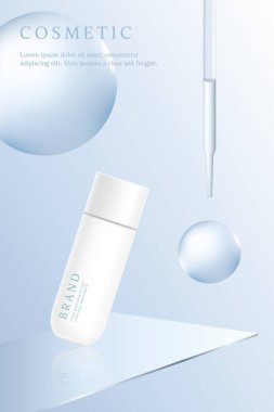 Mavi arkaplanda cam plakalı kozmetik ürün reklamları şablonu.