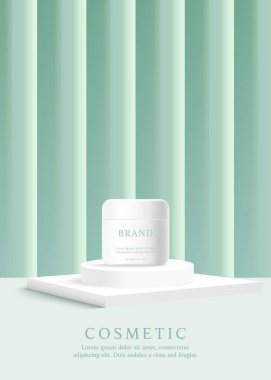 Kozmetik ürünleri ve cilt bakımı reklamları yeşil arka planda perde ile birlikte.