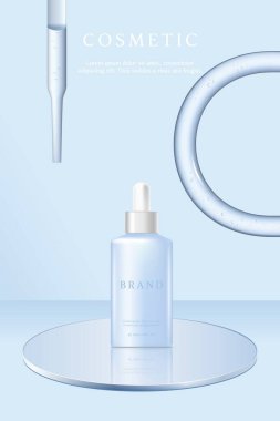 Mavi laboratuvar arka planında cam tüpte serumla birlikte kozmetik ürün reklamları..