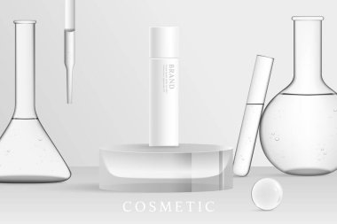 Kozmetik ürün reklamları laboratuvar camları ile gri laboratuvar arka planında şablon oluşturur.