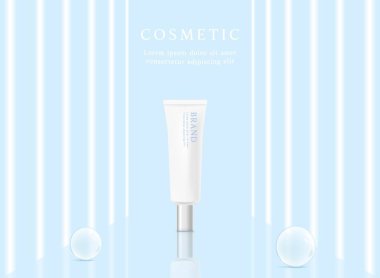 Kozmetik ürün reklamları mavi arkaplanda ışık demeti ile şablon oluşturur.