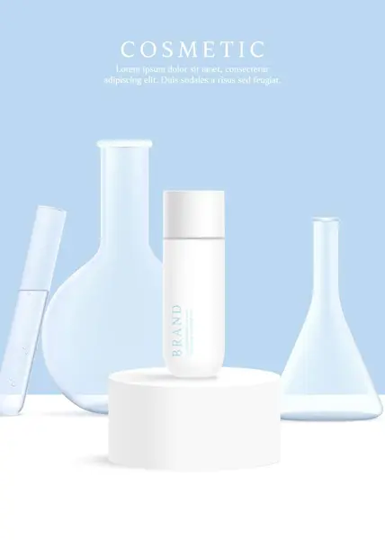 Mavi laboratuvar arka planında laboratuvar camlı kozmetik ürünü reklamları şablonu.