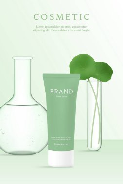 Kozmetik ürün reklamları yeşil laboratuvar arka planında şablon, laboratuvar camları ve Centella Asiatica.