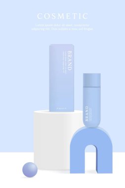 Kozmetik ve cilt bakımı ürünleri mavi geometrik arkaplan üzerinde şablon reklamları.