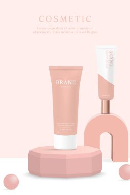 Kozmetik ürünleri ve cilt bakımı reklamları pembe geometrik arka plan üzerine şablon.