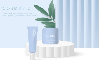 Kozmetik ürünleri ve cilt bakımı reklamları mavi arka planda perde ve yapraklarla birlikte.