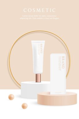 Kozmetik ürün reklamları bej arka planda altın yüzüklü şablon.