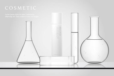 Kozmetik ürün reklamları laboratuvar camları ile gri laboratuvar arka planında şablon oluşturur.