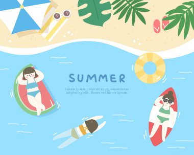 Sahilde insanlarla ve yapraklarla el çizimi yaz şablonu..