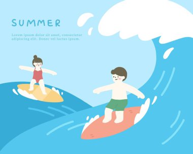 El çizimi yaz şablonu okyanusta insanların sörf yaptığı arka plan..