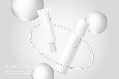 Gri arkaplanda serum ve cam halkalı kozmetik ürünleri reklamları.