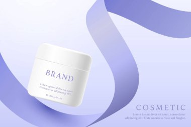 Kozmetik ürün reklamları kurdeleli mor gradyan arkaplan üzerine şablon.