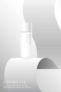 Gri arkaplanda kurdeleli kozmetik ürün reklamları şablonu.