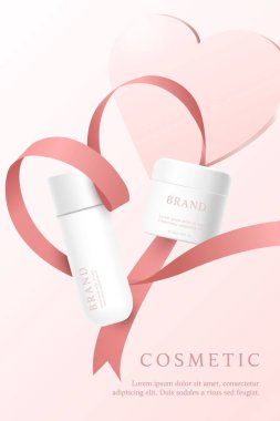 Kalp şekli plaka ve kurdeleli pembe arka planda kozmetik ürün reklamları.