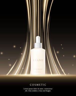 Kozmetik ürün reklamları siyah arkaplanda altın ışıkla şablon oluşturur.