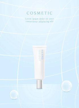 Kozmetik ürün reklamları mavi arkaplanda ışık demeti ile şablon oluşturur.