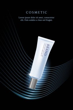 Kozmetik ürün reklamları mavi ışık demeti ile siyah arkaplan üzerinde şablon.