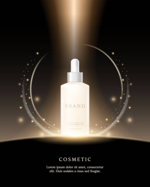 Kozmetik ürün reklamları altın ışıklı siyah arkaplan üzerine şablon.