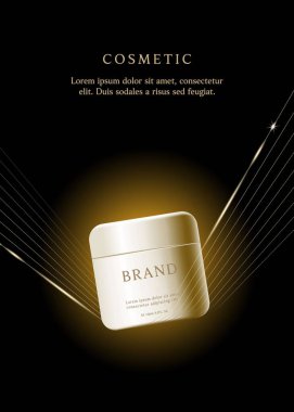 Kozmetik ürün reklamları altın ışıklı siyah arkaplan üzerine şablon.