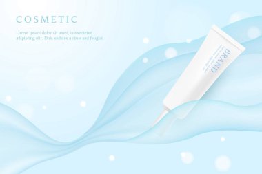 Mavi parlak arka planda kozmetik ürün reklamları şablonu.